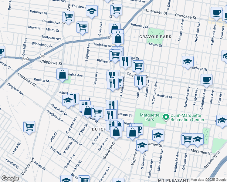 map of restaurants, bars, coffee shops, grocery stores, and more near 3902 South Grand Boulevard in St. Louis