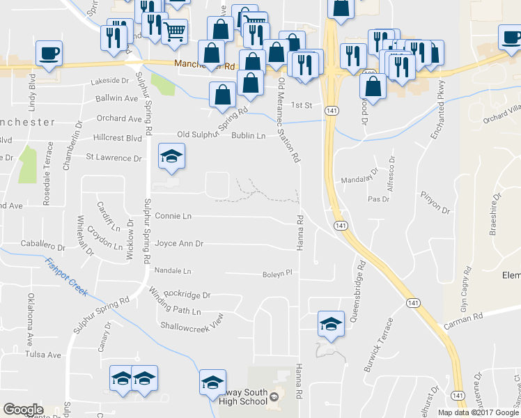 map of restaurants, bars, coffee shops, grocery stores, and more near 801 Connie Lane in Ballwin