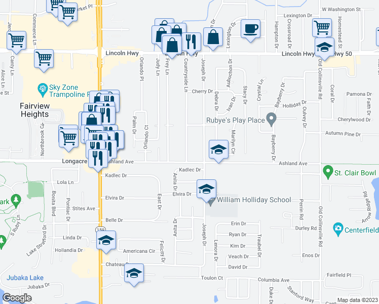 map of restaurants, bars, coffee shops, grocery stores, and more near 320 Countryside Lane in Fairview Heights