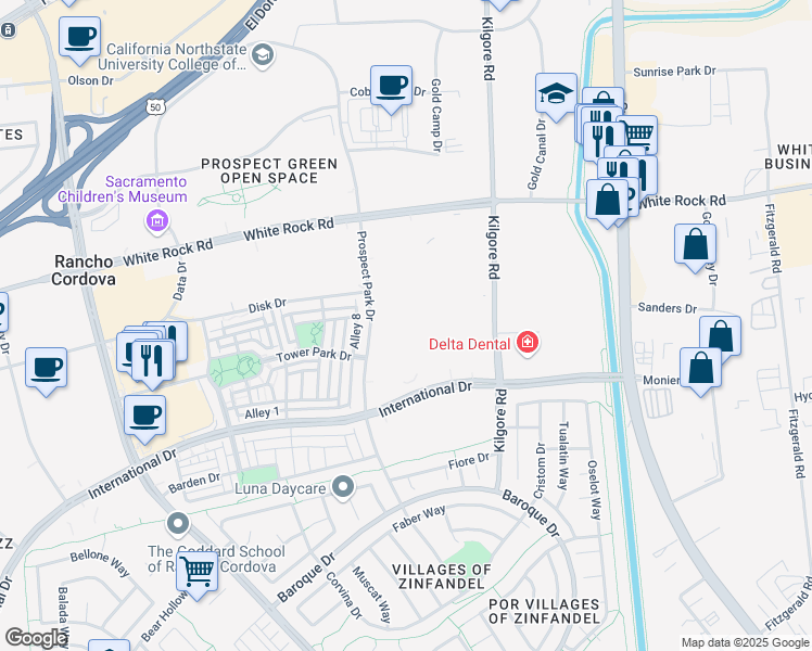 map of restaurants, bars, coffee shops, grocery stores, and more near 3215 Prospect Park Dr in Rancho Cordova