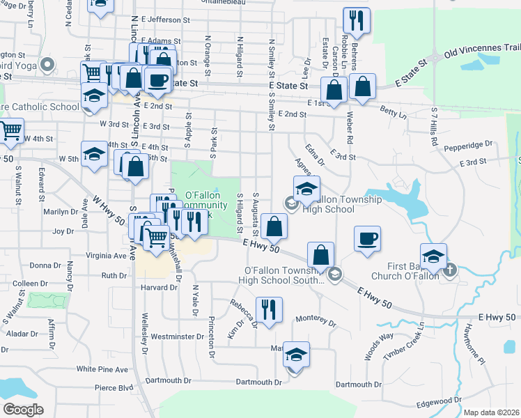 map of restaurants, bars, coffee shops, grocery stores, and more near 600 South Smiley Street in O'Fallon