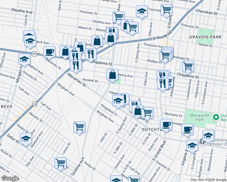 map of restaurants, bars, coffee shops, grocery stores, and more near 3919 Alberta Street in St. Louis