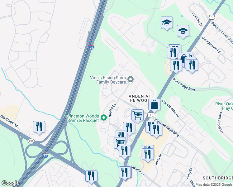 map of restaurants, bars, coffee shops, grocery stores, and more near 3359 Canton Court in Dumfries