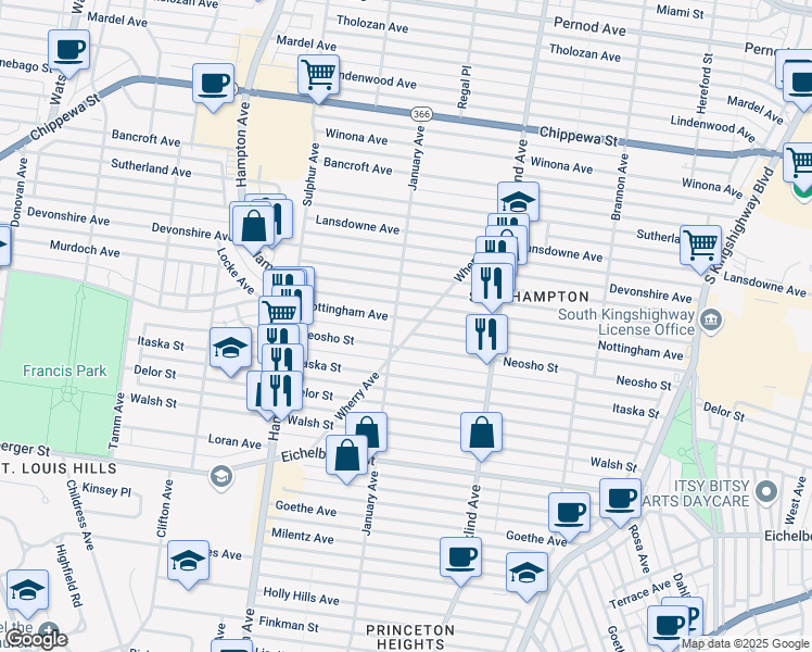 map of restaurants, bars, coffee shops, grocery stores, and more near 5510 Nottingham Avenue in St. Louis