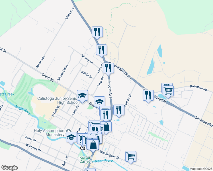 map of restaurants, bars, coffee shops, grocery stores, and more near 1865 Lincoln Avenue in Calistoga