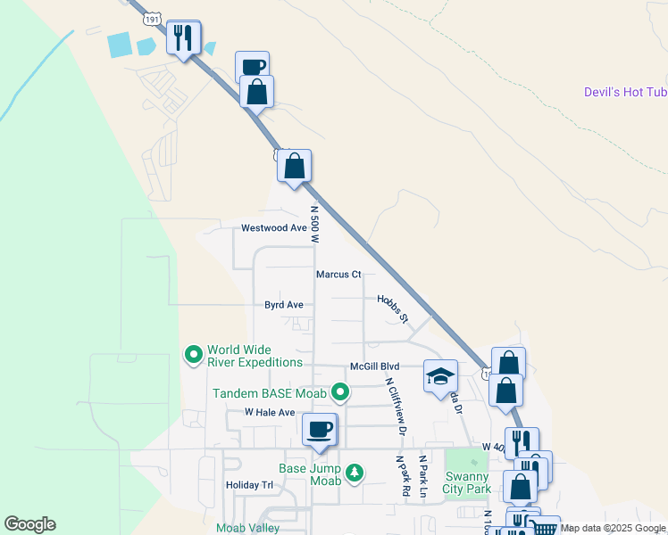 map of restaurants, bars, coffee shops, grocery stores, and more near 450 Marcus Court in Moab