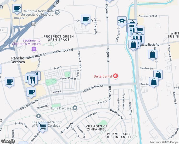 map of restaurants, bars, coffee shops, grocery stores, and more near 3215 Prospect Park Drive in Rancho Cordova