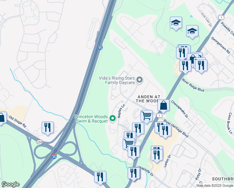 map of restaurants, bars, coffee shops, grocery stores, and more near 3410 Tuckahoe Court in Dumfries