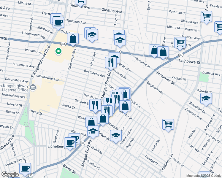 map of restaurants, bars, coffee shops, grocery stores, and more near 4178 Taft Avenue in St. Louis