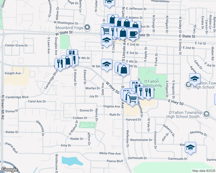 map of restaurants, bars, coffee shops, grocery stores, and more near 202 Marilyn Drive in O'Fallon