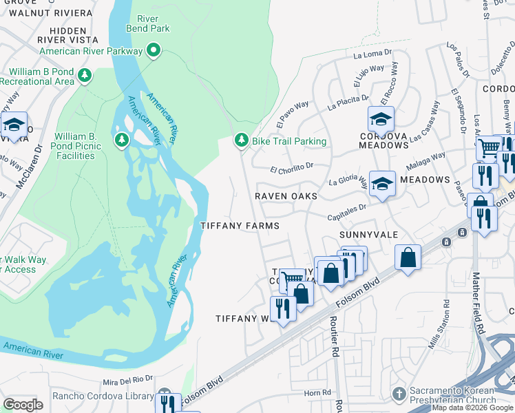 map of restaurants, bars, coffee shops, grocery stores, and more near 10001 Ravens Way in Rancho Cordova