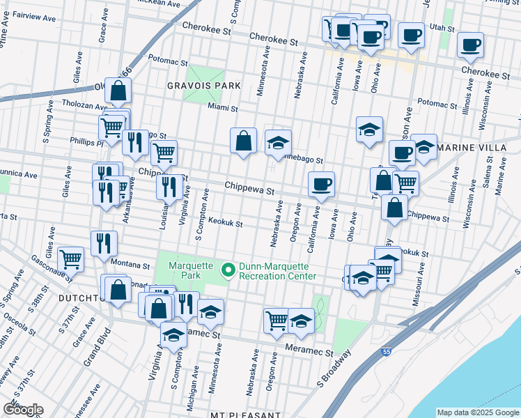 map of restaurants, bars, coffee shops, grocery stores, and more near 3841 Pennsylvania Avenue in St. Louis