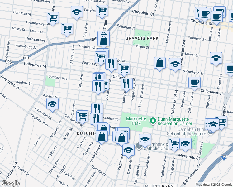 map of restaurants, bars, coffee shops, grocery stores, and more near 3408 Keokuk Street in St. Louis
