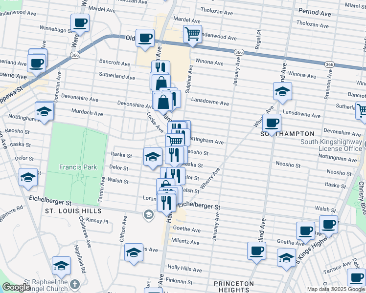 map of restaurants, bars, coffee shops, grocery stores, and more near 4924 Hampton Avenue in St. Louis