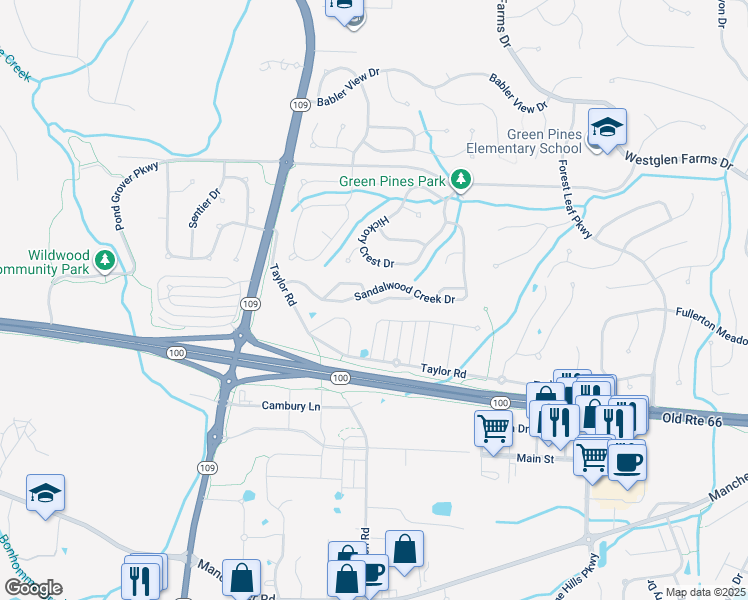 map of restaurants, bars, coffee shops, grocery stores, and more near 2407 Sandalwood Creek Court in Wildwood