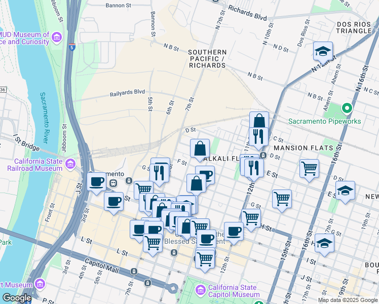map of restaurants, bars, coffee shops, grocery stores, and more near 510 8th Street in Sacramento