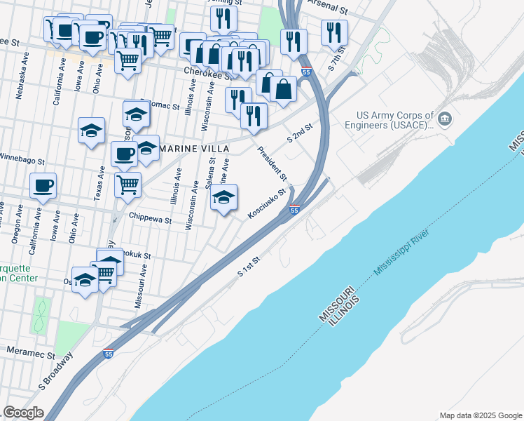 map of restaurants, bars, coffee shops, grocery stores, and more near 3704 Kosciusko Street in St. Louis