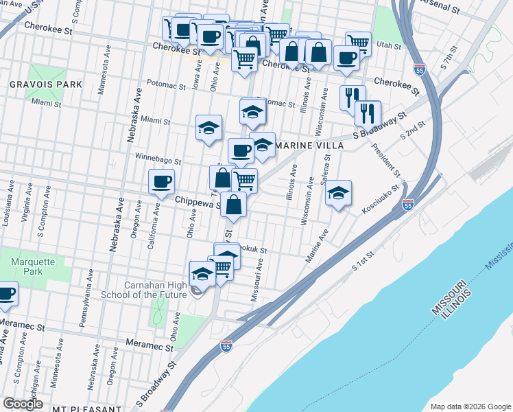 map of restaurants, bars, coffee shops, grocery stores, and more near 2209 Chippewa Street in St. Louis