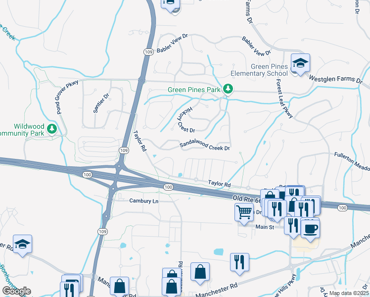 map of restaurants, bars, coffee shops, grocery stores, and more near 2407 Sandalwood Creek Court in Wildwood