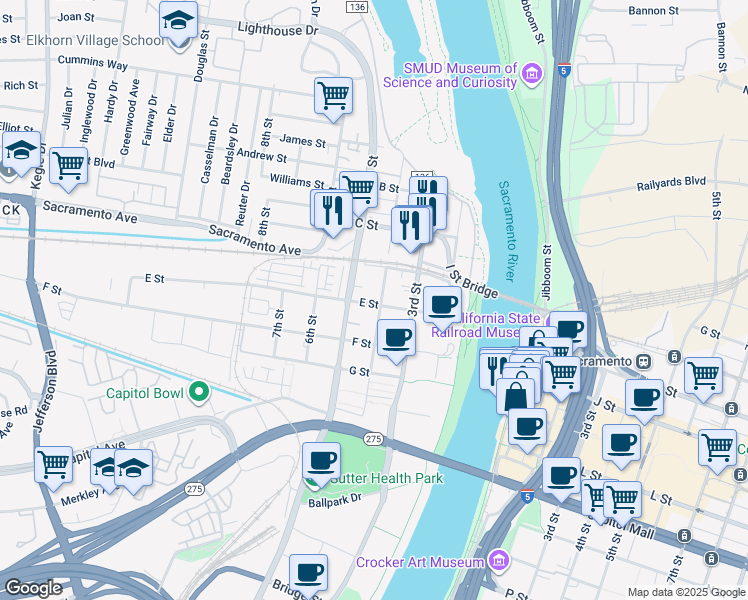 map of restaurants, bars, coffee shops, grocery stores, and more near 438 4th Street in West Sacramento
