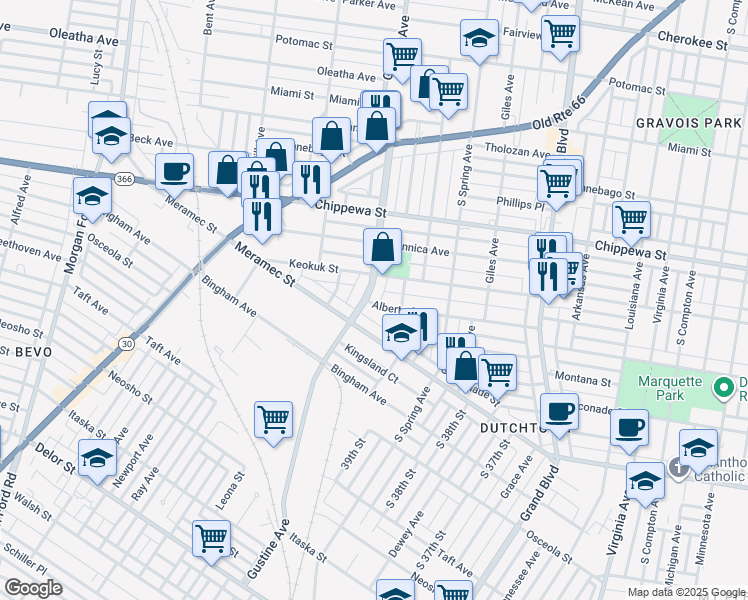 map of restaurants, bars, coffee shops, grocery stores, and more near 3926 Gustine Avenue in St. Louis