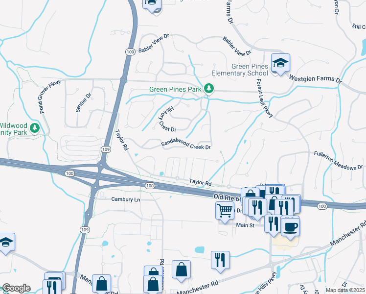 map of restaurants, bars, coffee shops, grocery stores, and more near 2318 Sandalwood Creek Court in Wildwood