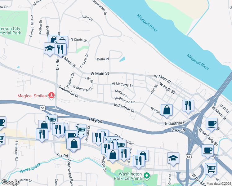 map of restaurants, bars, coffee shops, grocery stores, and more near 1608 Ridgewood Drive in Jefferson City