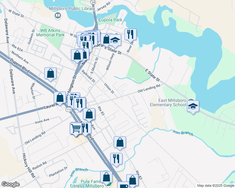 map of restaurants, bars, coffee shops, grocery stores, and more near 441 Union Street in Millsboro