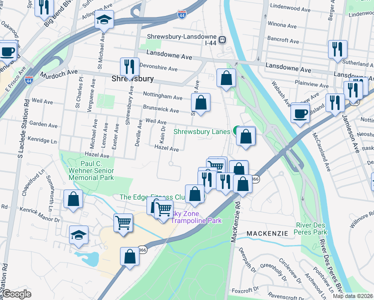 map of restaurants, bars, coffee shops, grocery stores, and more near 5030 Hi View Ave in St Louis