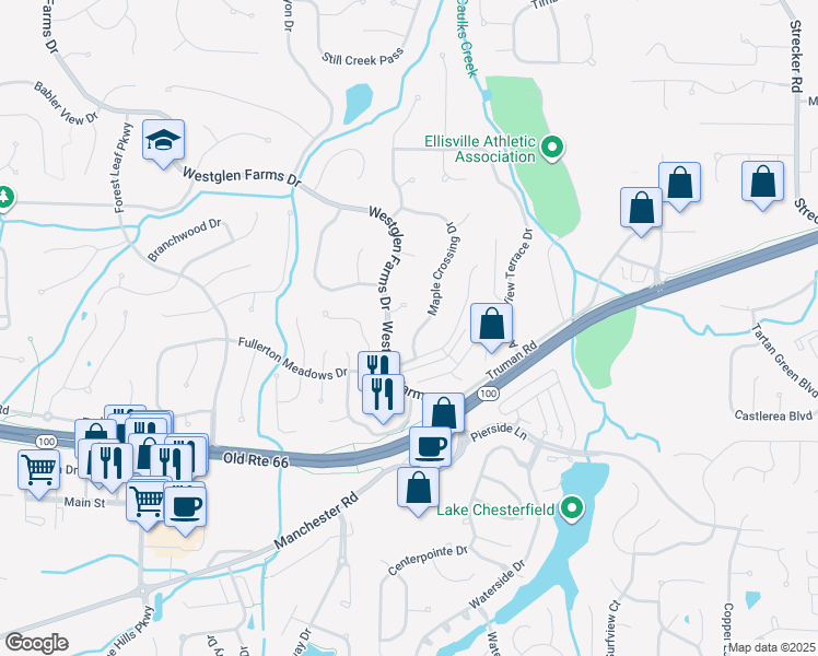 map of restaurants, bars, coffee shops, grocery stores, and more near 2540 Maple Crossing Drive in Ballwin