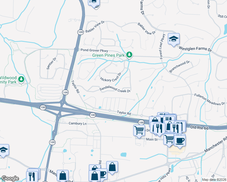 map of restaurants, bars, coffee shops, grocery stores, and more near 2301 Sandalwood Creek Court in Wildwood