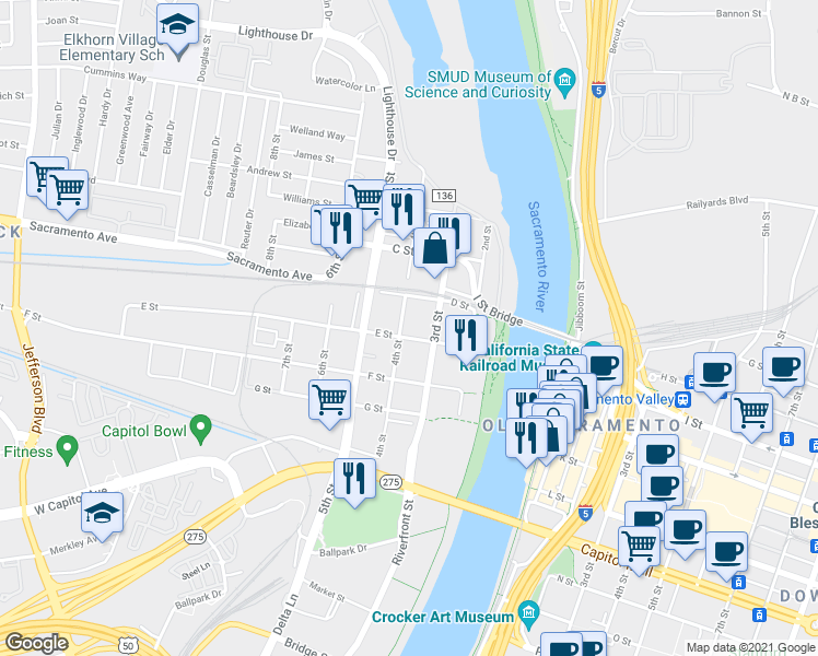 map of restaurants, bars, coffee shops, grocery stores, and more near 437 4th St in West Sacramento