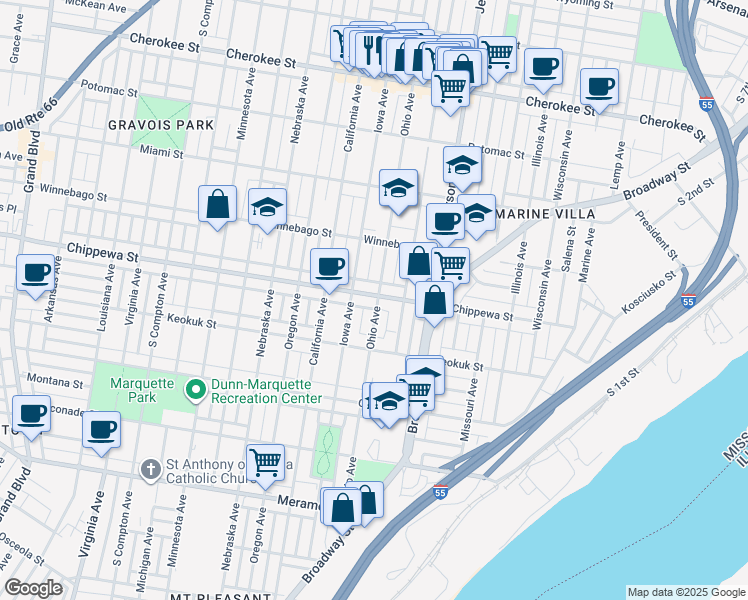map of restaurants, bars, coffee shops, grocery stores, and more near 2700 Chippewa Street in St. Louis