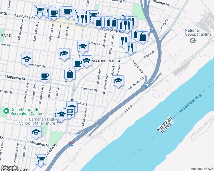 map of restaurants, bars, coffee shops, grocery stores, and more near 3734 Wisconsin Avenue in Saint Louis