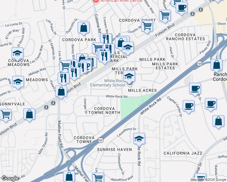 map of restaurants, bars, coffee shops, grocery stores, and more near 10425 White Rock Road in Rancho Cordova