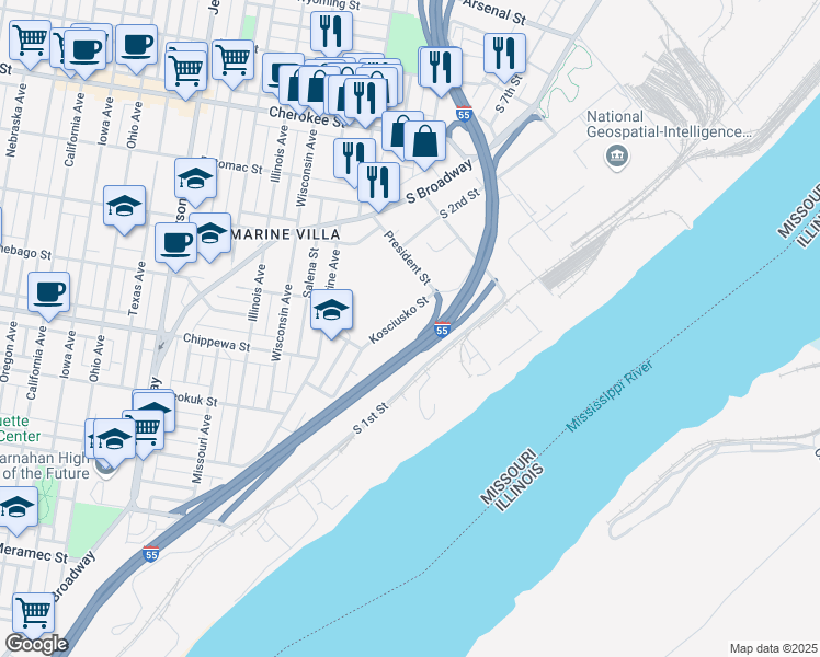 map of restaurants, bars, coffee shops, grocery stores, and more near 3704 Kosciusko Street in St. Louis