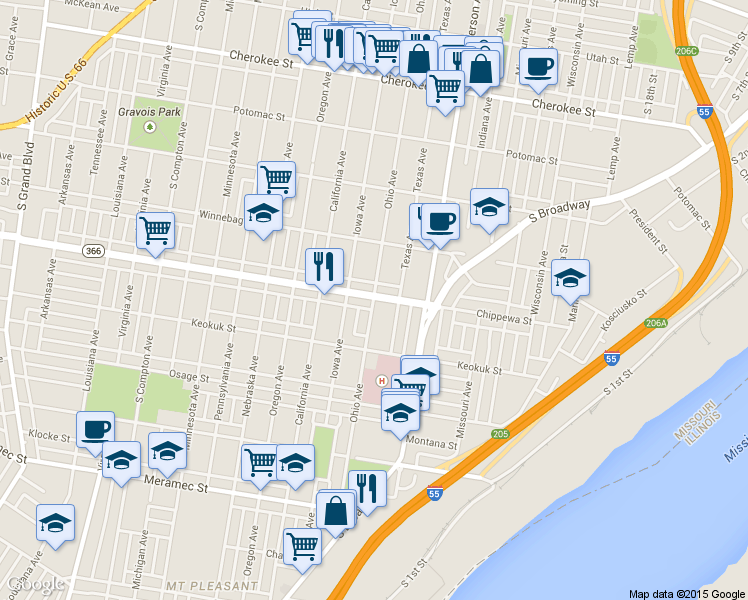 map of restaurants, bars, coffee shops, grocery stores, and more near 3815 Ohio Avenue in St. Louis