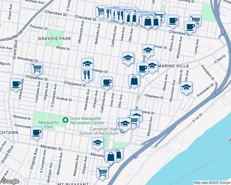 map of restaurants, bars, coffee shops, grocery stores, and more near 3815 Ohio Avenue in St. Louis