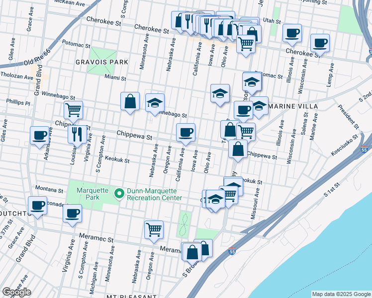 map of restaurants, bars, coffee shops, grocery stores, and more near in St. Louis