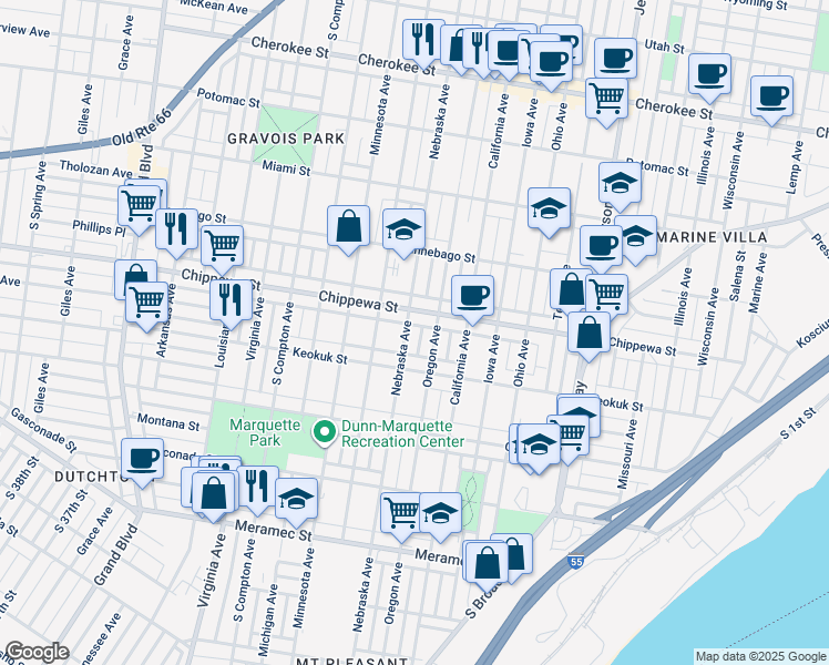 map of restaurants, bars, coffee shops, grocery stores, and more near 3833 Nebraska Avenue in St. Louis