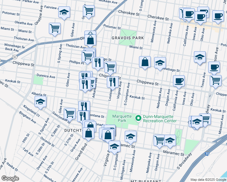 map of restaurants, bars, coffee shops, grocery stores, and more near 3857 Virginia Avenue in St. Louis
