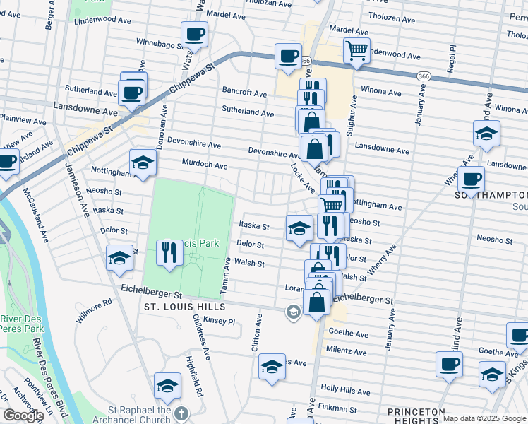 map of restaurants, bars, coffee shops, grocery stores, and more near 6234 Nottingham Avenue in St. Louis
