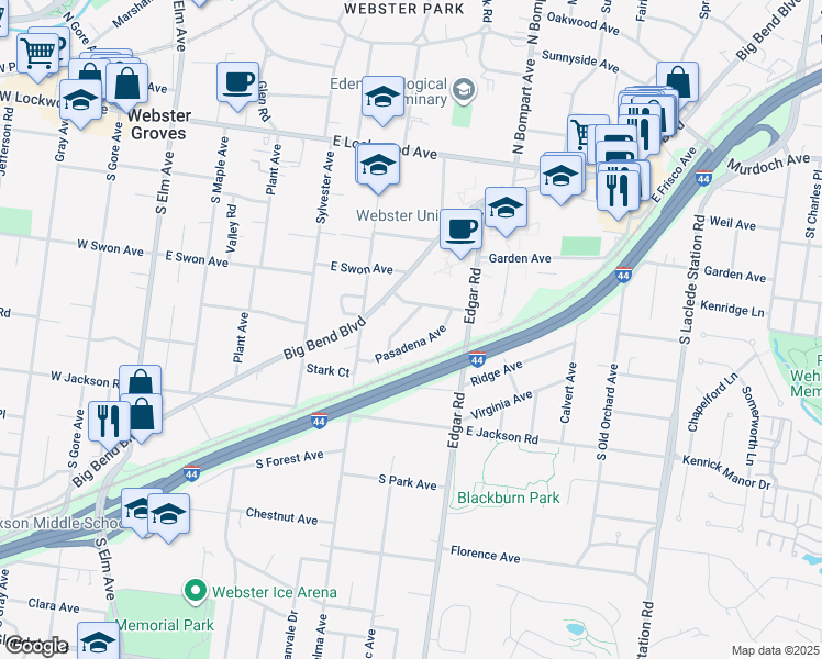map of restaurants, bars, coffee shops, grocery stores, and more near 414 California Avenue in Webster Groves