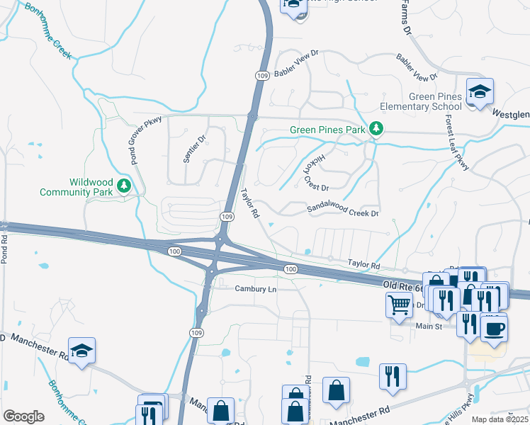 map of restaurants, bars, coffee shops, grocery stores, and more near 17080 Sandalwood Creek Drive in Wildwood