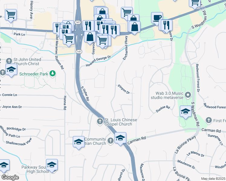map of restaurants, bars, coffee shops, grocery stores, and more near 501 Enchanted Parkway in Ballwin