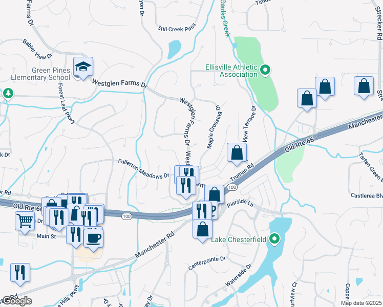 map of restaurants, bars, coffee shops, grocery stores, and more near 2524 Westglen Farms Drive in Ballwin