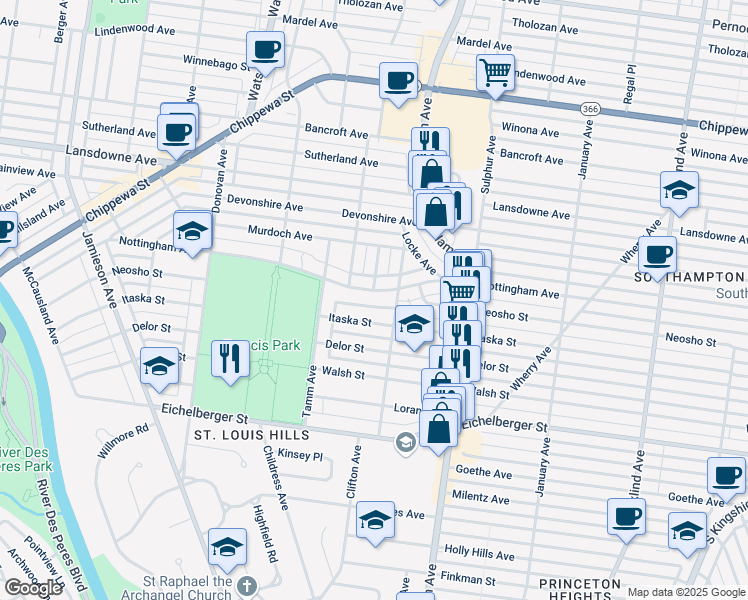 map of restaurants, bars, coffee shops, grocery stores, and more near 6234 Nottingham Avenue in St. Louis