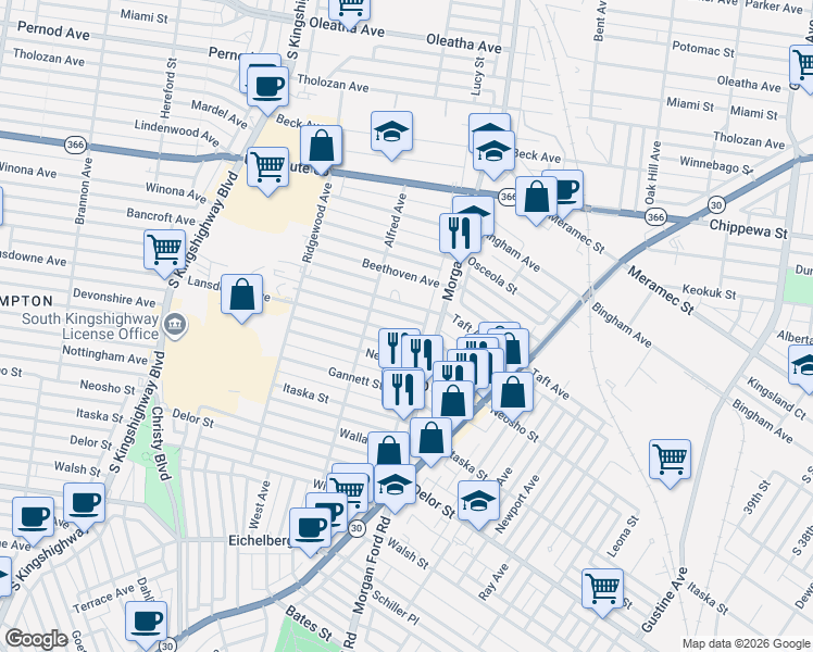 map of restaurants, bars, coffee shops, grocery stores, and more near 4332 Ellenwood Avenue in St. Louis