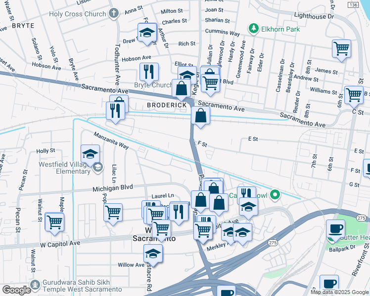 map of restaurants, bars, coffee shops, grocery stores, and more near 550 Jefferson Boulevard in West Sacramento