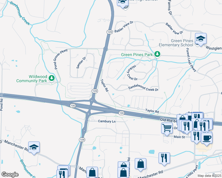 map of restaurants, bars, coffee shops, grocery stores, and more near 17086 Sandalwood Creek Dr in Ballwin